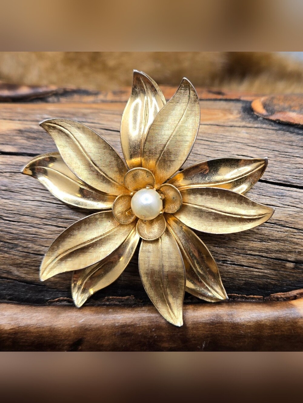 Gold Tone Flower Brooch 3 Layer w/ Center Faux Pearl Riveted Construction